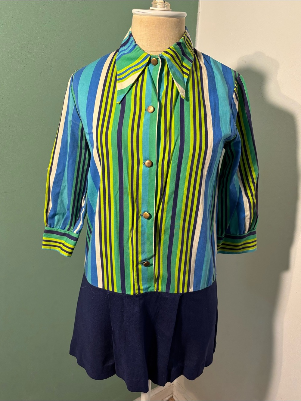 Vintage 1869’s  Green & Blue Striped MCM Shirt Dress
